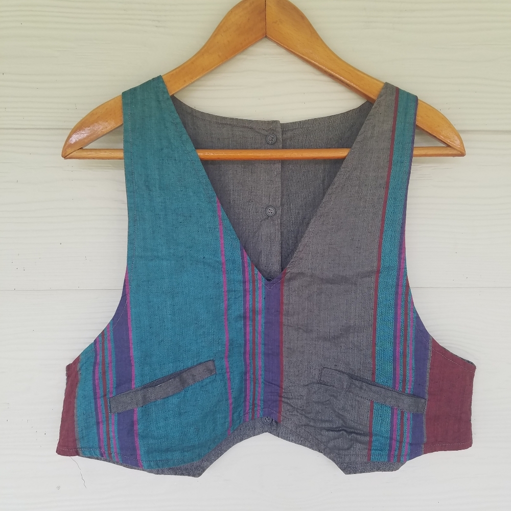 Vintage 70s Reversible Vest Button Down Stripe Western Eclectic Grandpa